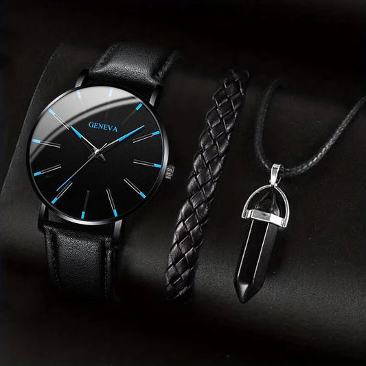 Yolako Fashion Men's Watch Set – Stylish Leather Band with Quartz Movement - Hart4Savings Hart4Savings 3PCS Set Hart4Savings Accessories