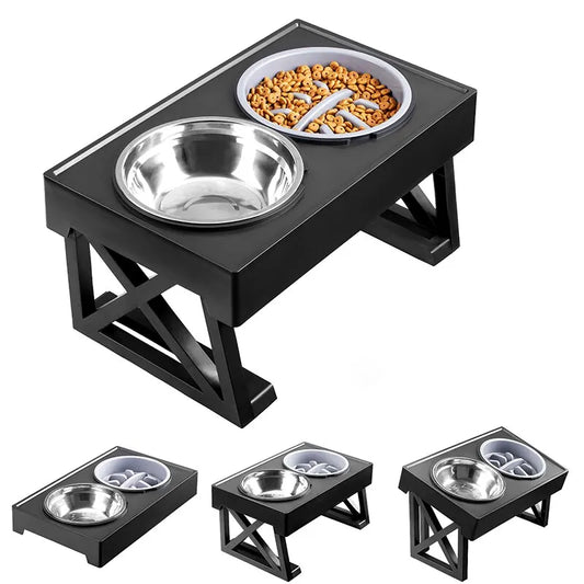 Adjustable Height Slow Feeding Elevated Bowls Stand for Dogs - Hart4Savings Hart4Savings Two Stainless Bowls Hart 4 Savings Pets